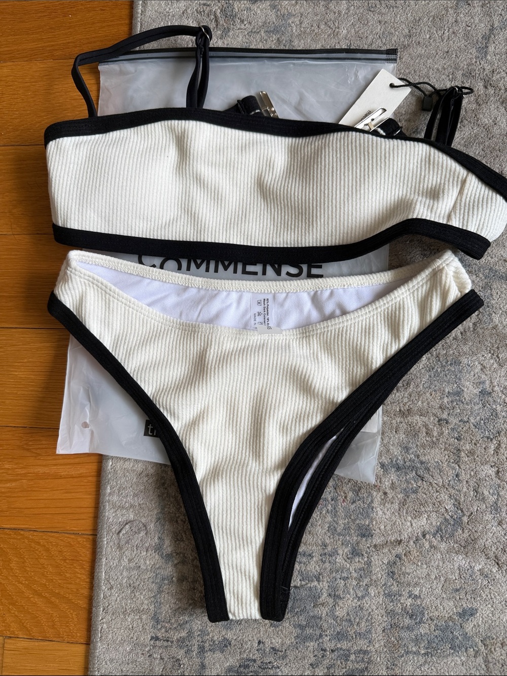 Brand New White Ribbed Bikini Set with Black Trim - XS